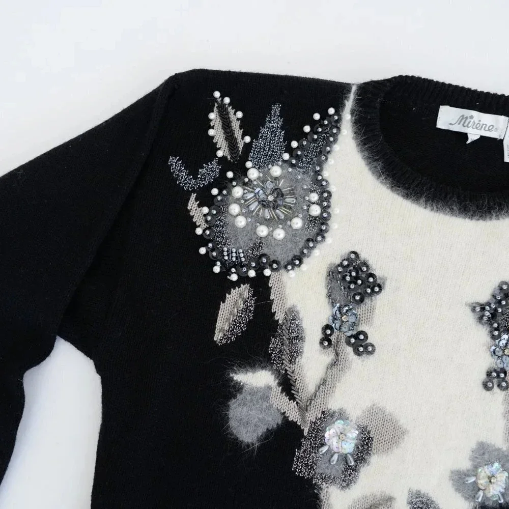 Vintage Angora Elegant Black and White Floral Sweater - Picture 11 of 13